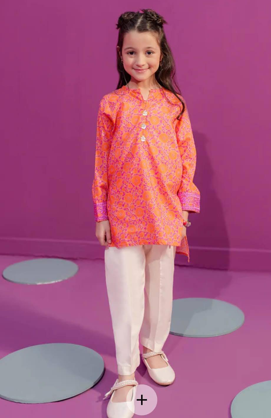 Kids Girl's Printed Lawn Kurta Magenta 7-8Yrs